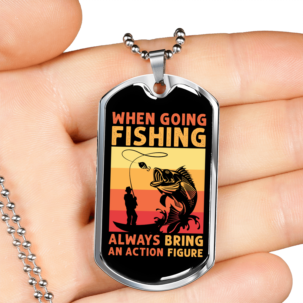 Going Fishing Necklace Stainless Steel or 18k Gold Dog Tag 24" Chain-Express Your Love Gifts
