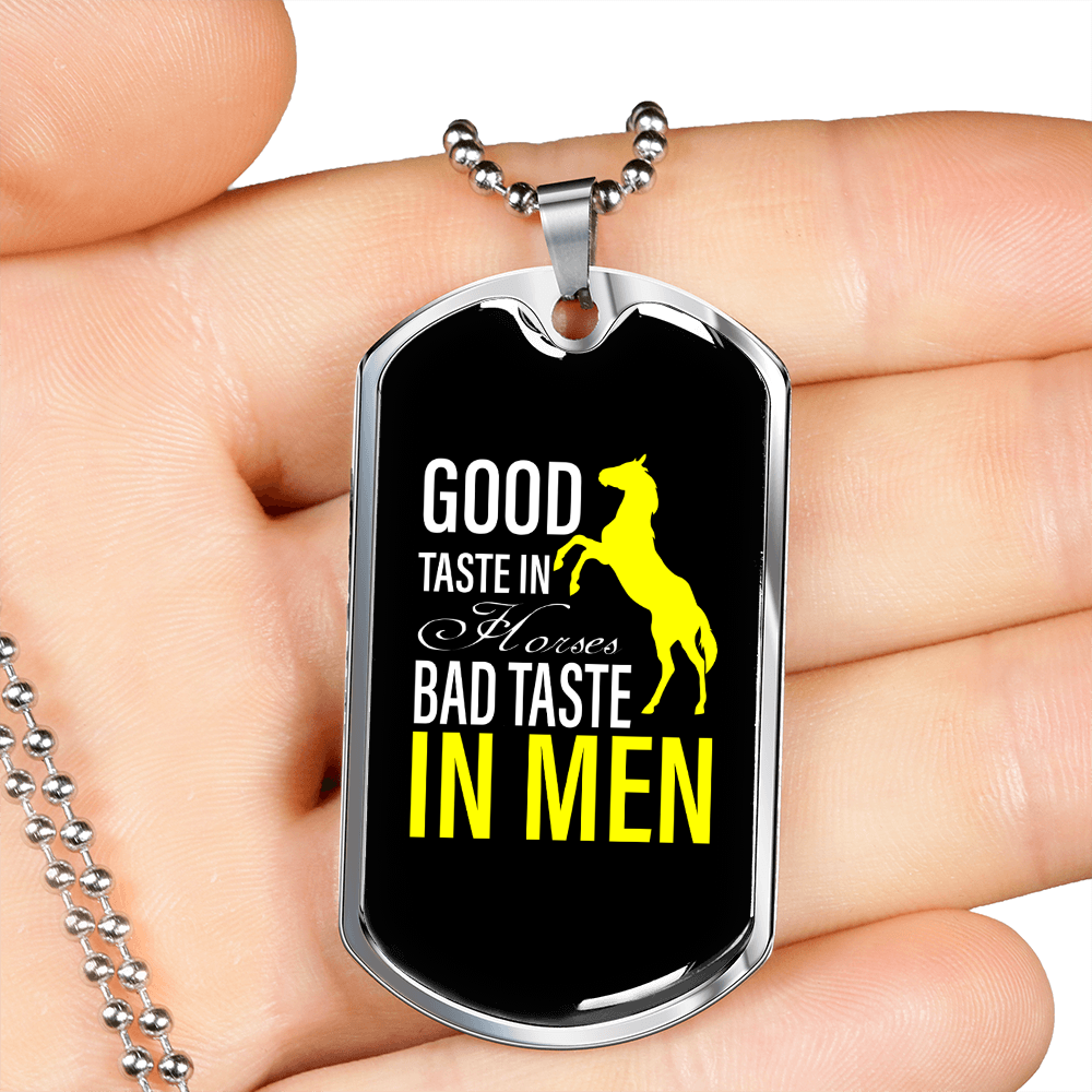 Good Taste in Horses Horse Necklace Stainless Steel or 18k Gold Dog Tag 24" Chain-Express Your Love Gifts