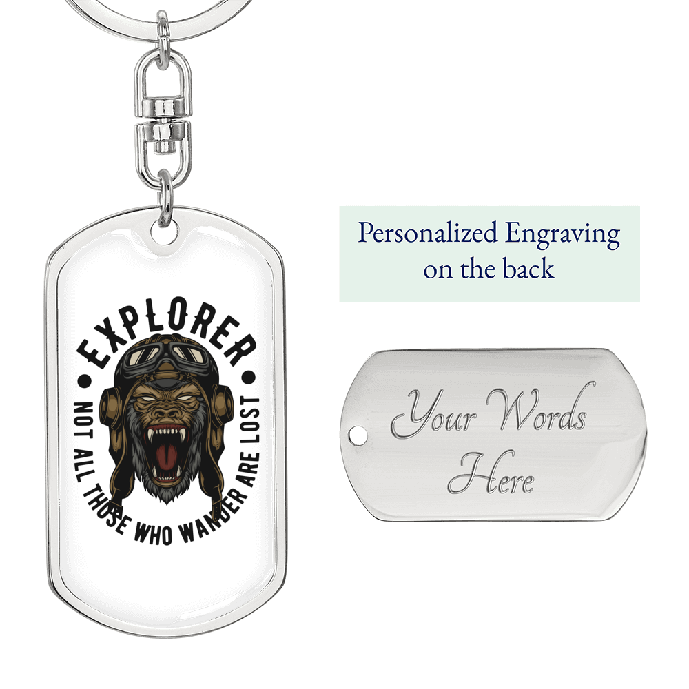 Gorilla Explorer Biker Keychain Stainless Steel or 18k Gold Dog Tag Keyring-Express Your Love Gifts