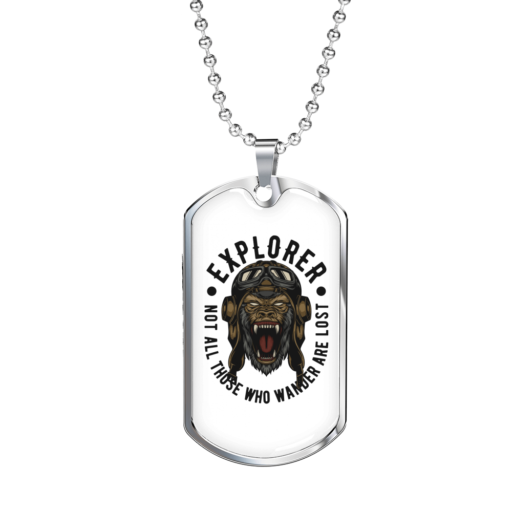 Gorilla Explorer Biker Necklace Stainless Steel or 18k Gold Dog Tag 24"-Express Your Love Gifts