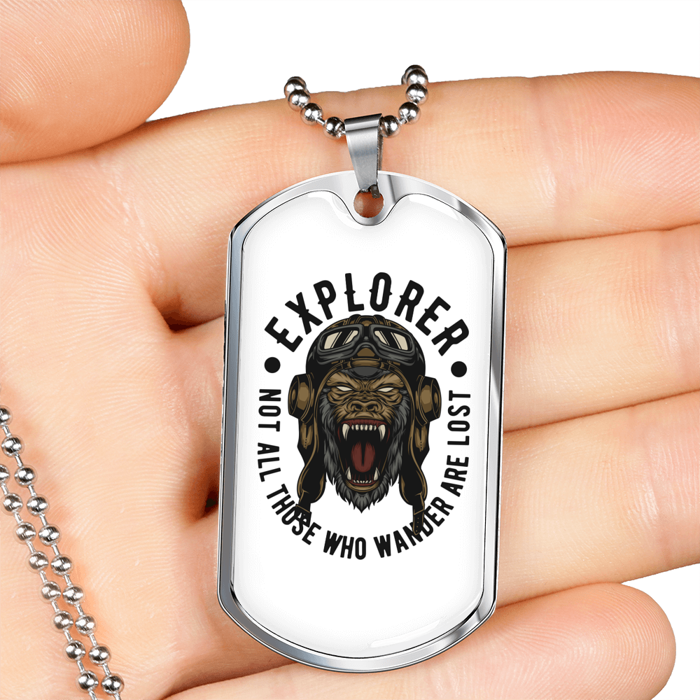 Gorilla Explorer Biker Necklace Stainless Steel or 18k Gold Dog Tag 24"-Express Your Love Gifts