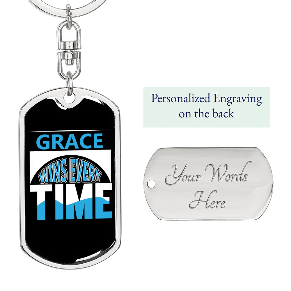 Grace Wins Every Time Keychain Stainless Steel or 18k Gold Dog Tag Keyring-Express Your Love Gifts