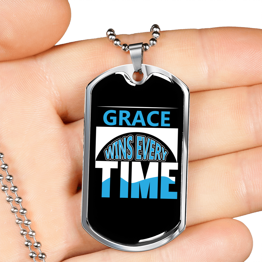 Grace Wins Every Time Necklace Stainless Steel or 18k Gold Dog Tag 24" Chain-Express Your Love Gifts