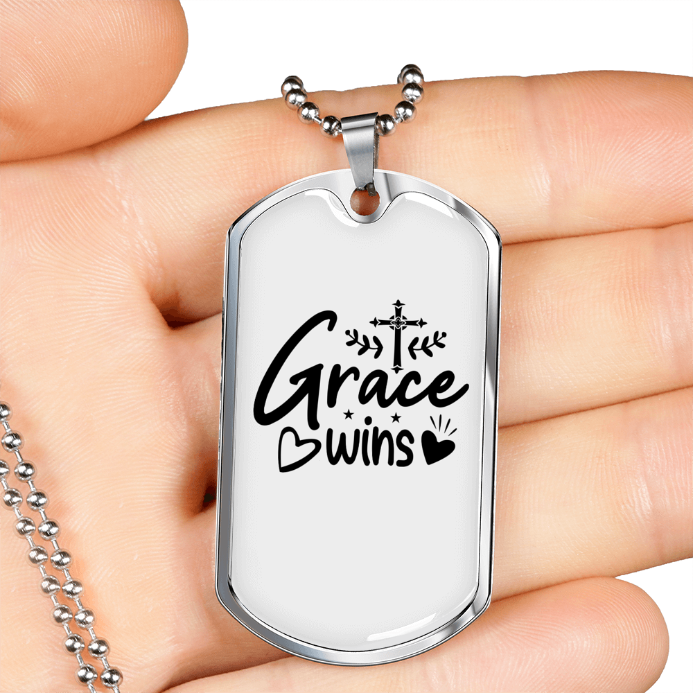 Grace Wins Heart Necklace Stainless Steel or 18k Gold Dog Tag 24" Chain-Express Your Love Gifts