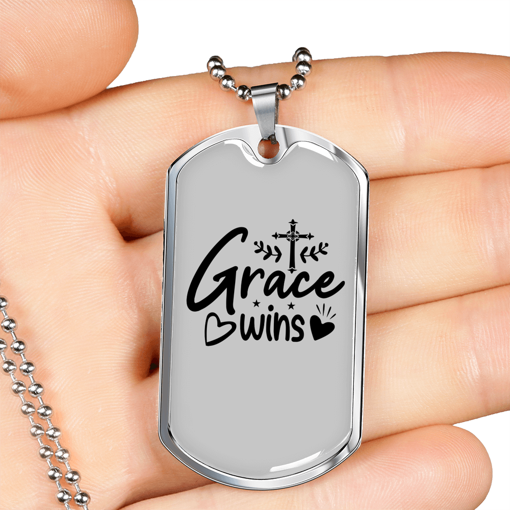 Grace Wins Necklace Stainless Steel or 18k Gold Dog Tag 24" Chain-Express Your Love Gifts
