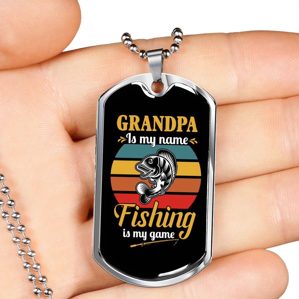 Grandpa Fishing Necklace Stainless Steel or 18k Gold Dog Tag 24" Chain-Express Your Love Gifts