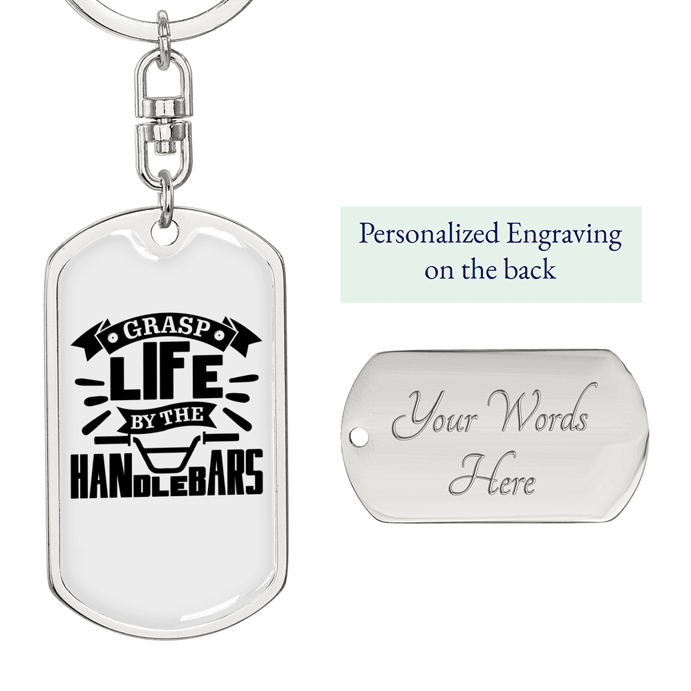 Grasp Life By The Handlebars Biker Keychain Stainless Steel or 18k Gold Dog Tag Keyring-Express Your Love Gifts