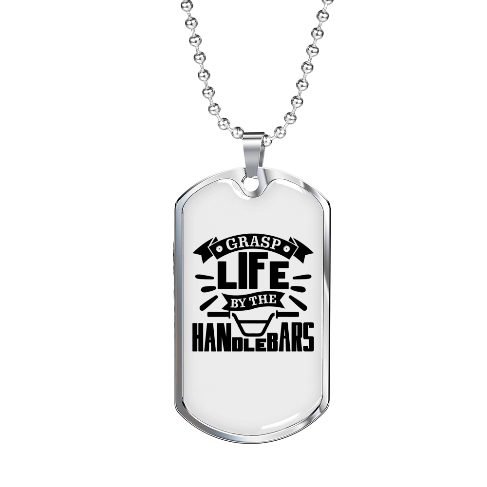 Grasp Life By The Handlebars Biker Necklace Stainless Steel or 18k Gold Dog Tag 24"-Express Your Love Gifts
