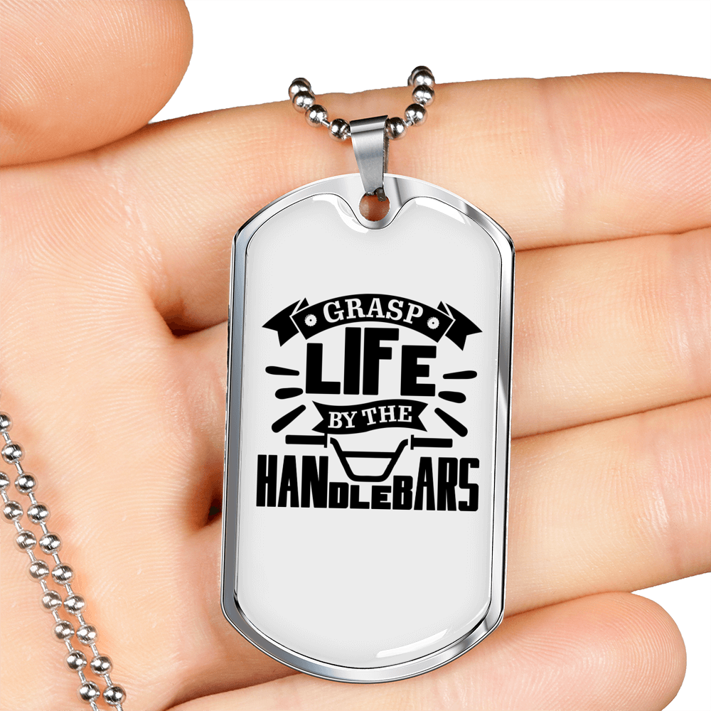 Grasp Life By The Handlebars Biker Necklace Stainless Steel or 18k Gold Dog Tag 24"-Express Your Love Gifts