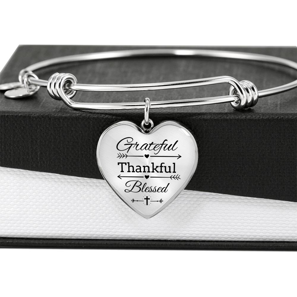 Grateful Thankful Blessed Heart Bangle Stainless Steel or 18k Gold 18-22"-Express Your Love Gifts