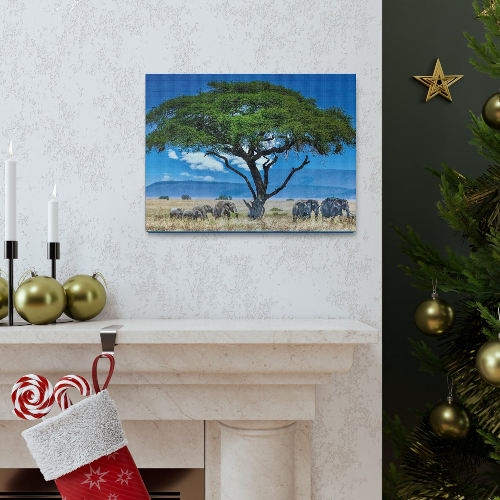 Group of African Elephant Under a Tree Outdoor Wall Art Ready To Hang Unframed-Express Your Love Gifts