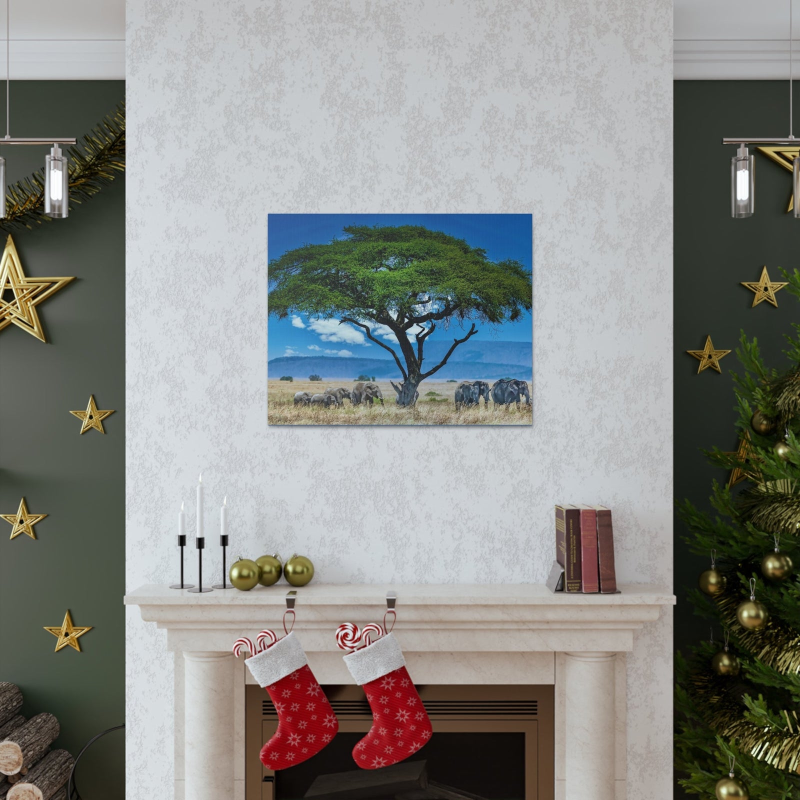 Group of African Elephant Under a Tree Outdoor Wall Art Ready To Hang Unframed-Express Your Love Gifts