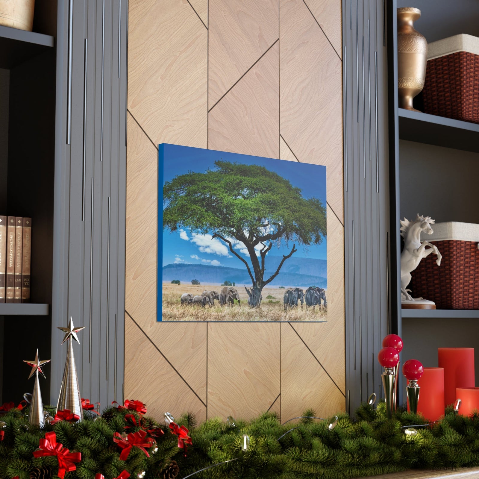 Group of African Elephant Under a Tree Outdoor Wall Art Ready To Hang Unframed-Express Your Love Gifts