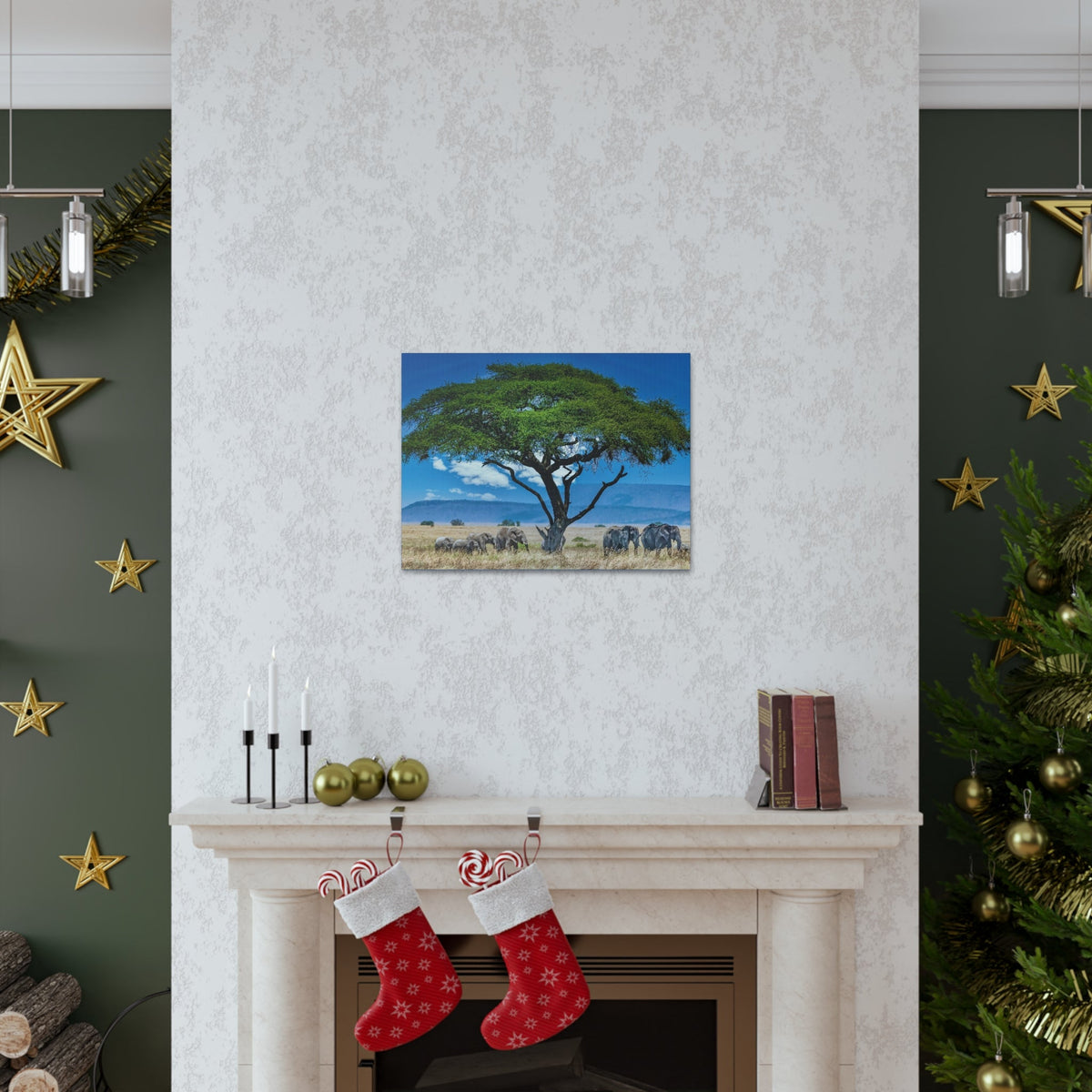 Group of African Elephant Under a Tree Outdoor Wall Art Ready To Hang Unframed-Express Your Love Gifts