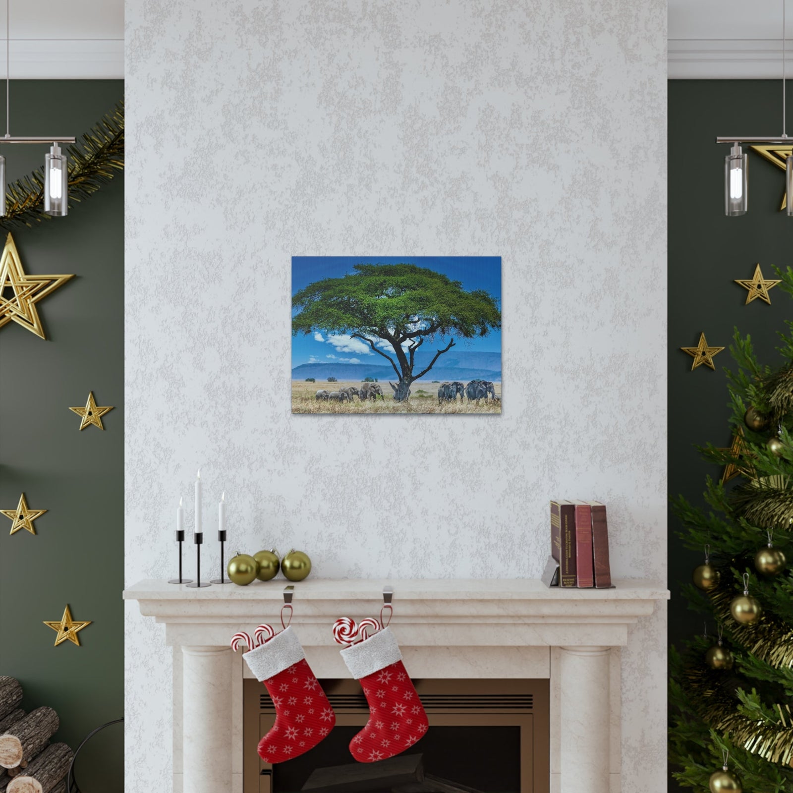 Group of African Elephant Under a Tree Outdoor Wall Art Ready To Hang Unframed-Express Your Love Gifts