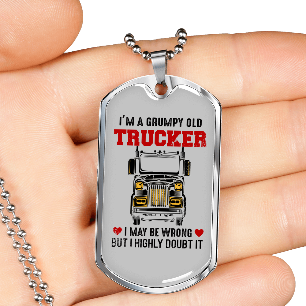 Grumpy Old Trucker Dog Tag Stainless Steel or 18k Gold 24" Chain-Express Your Love Gifts