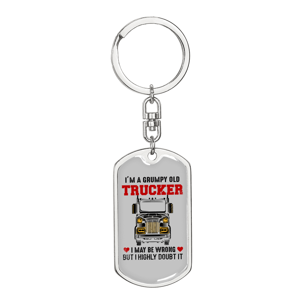 Grumpy Old Trucker Swivel Keychain Dog Tag Stainless Steel or 18k Gold-Express Your Love Gifts