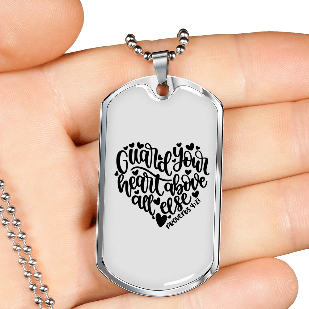 Guard Your Heart Proverbs 4:23 Necklace Stainless Steel or 18k Gold Dog Tag 24" Chain-Express Your Love Gifts