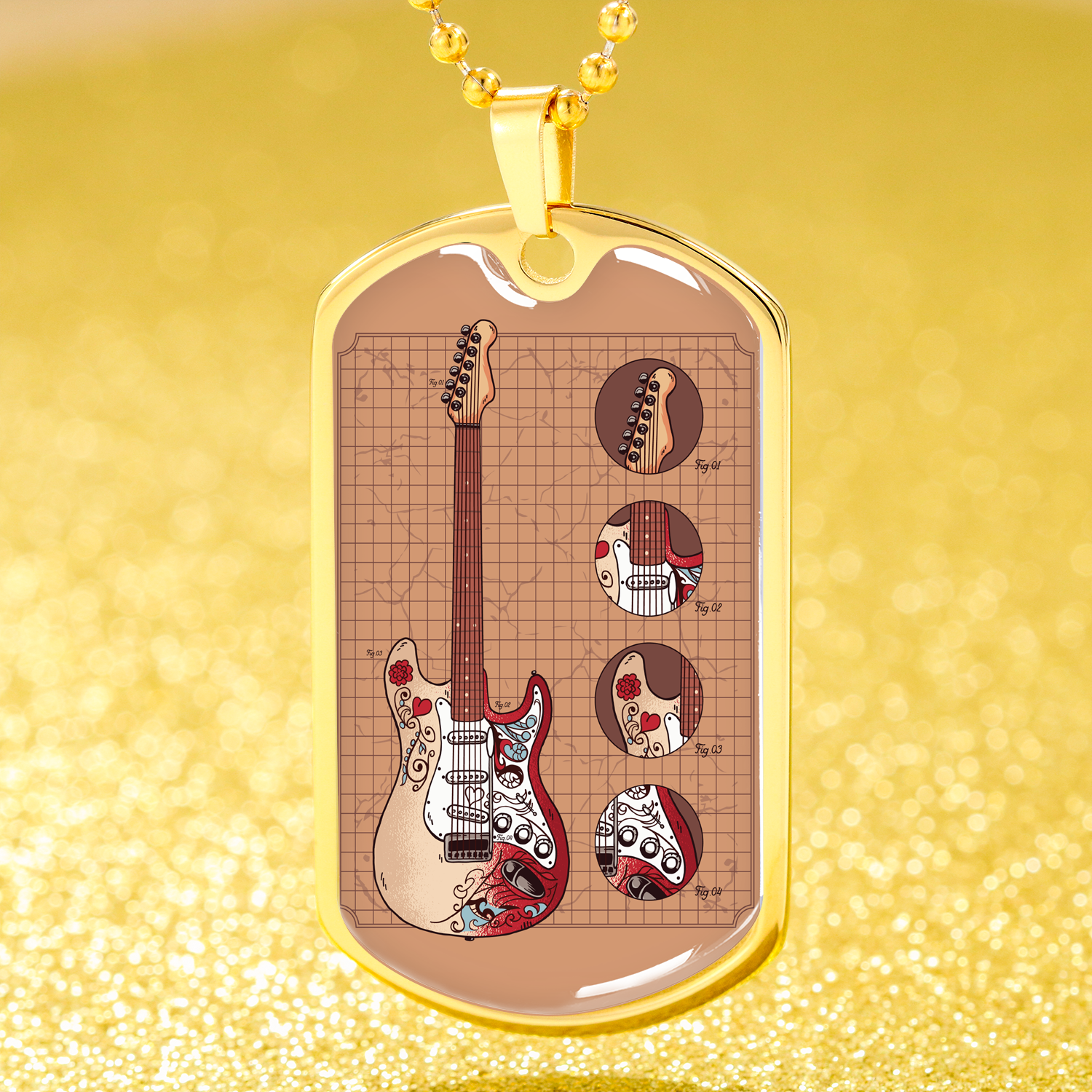 Guitar Monterey Strato Necklace Stainless Steel or 18k Gold Dog Tag 24" Chain-Express Your Love Gifts