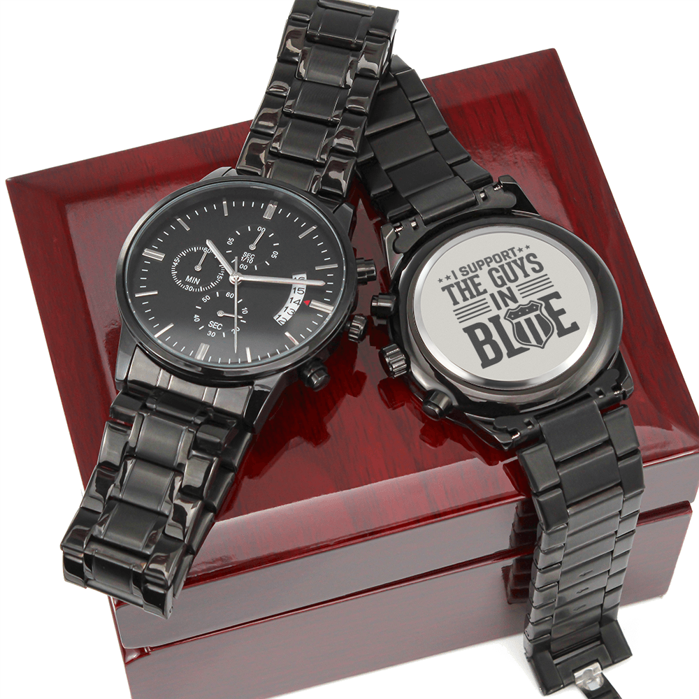 Guys In Blue Engraved Multifunction Policeman Men's Watch Stainless Steel W Copper Dial-Express Your Love Gifts