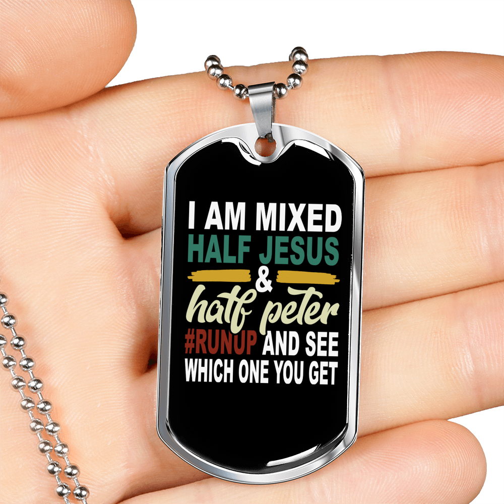 Half Jesus Half Peter Necklace Stainless Steel or 18k Gold Dog Tag 24" Chain-Express Your Love Gifts