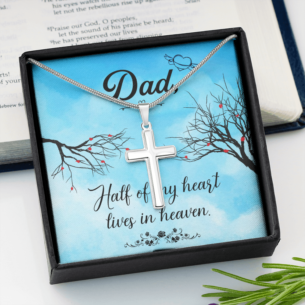 Half of My Heart Dad Memorial Gift Dad Memorial Cross Necklace Sympathy Gift Loss of Father Condolence Message Card-Express Your Love Gifts