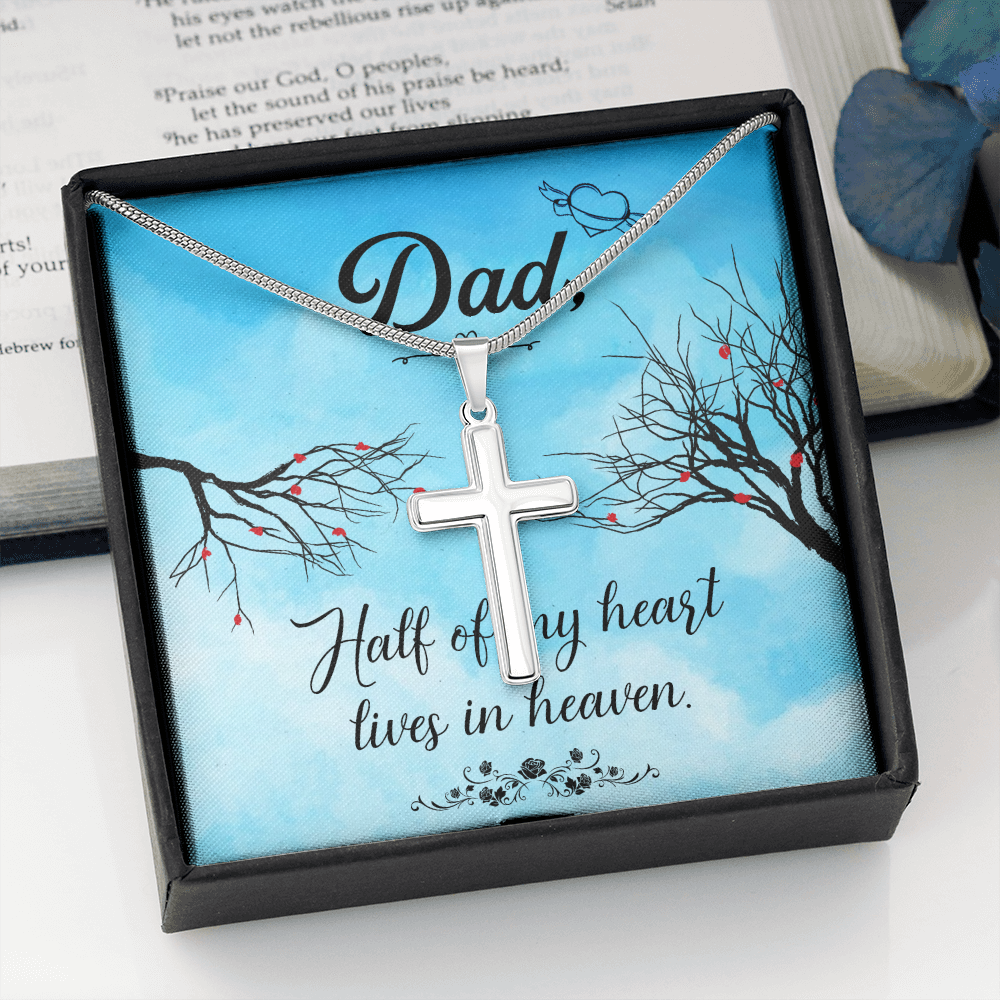 Half of My Heart Dad Memorial Gift Dad Memorial Cross Necklace Sympathy Gift Loss of Father Condolence Message Card-Express Your Love Gifts