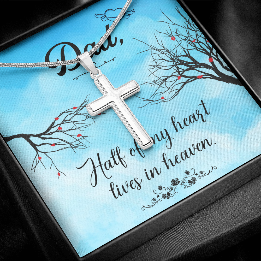 Half of My Heart Dad Memorial Gift Dad Memorial Cross Necklace Sympathy Gift Loss of Father Condolence Message Card-Express Your Love Gifts