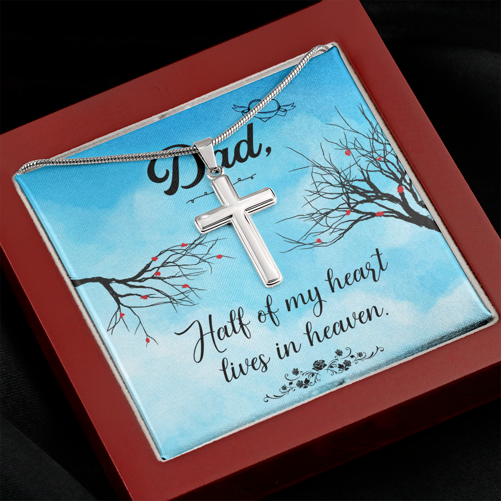 Half of My Heart Dad Memorial Gift Dad Memorial Cross Necklace Sympathy Gift Loss of Father Condolence Message Card-Express Your Love Gifts