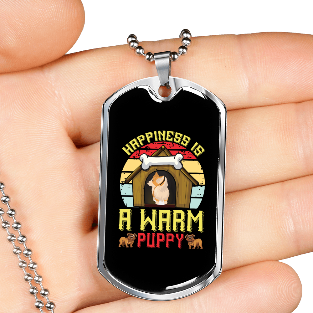 Happiness is a Warm Puppy Dog House Necklace Stainless Steel or 18k Gold Dog Tag 24" Chain-Express Your Love Gifts