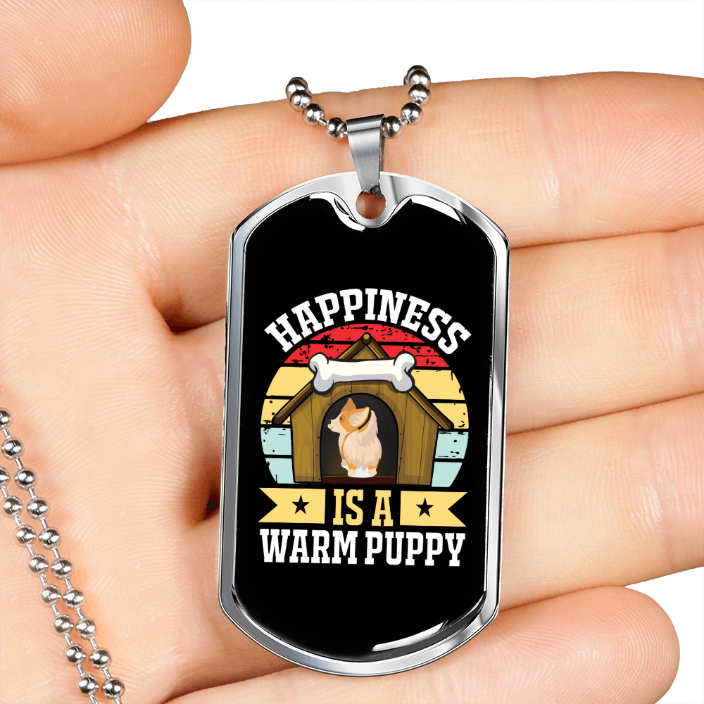 Happiness is Warm Puppy Dog House Necklace Stainless Steel or 18k Gold Dog Tag 24" Chain-Express Your Love Gifts