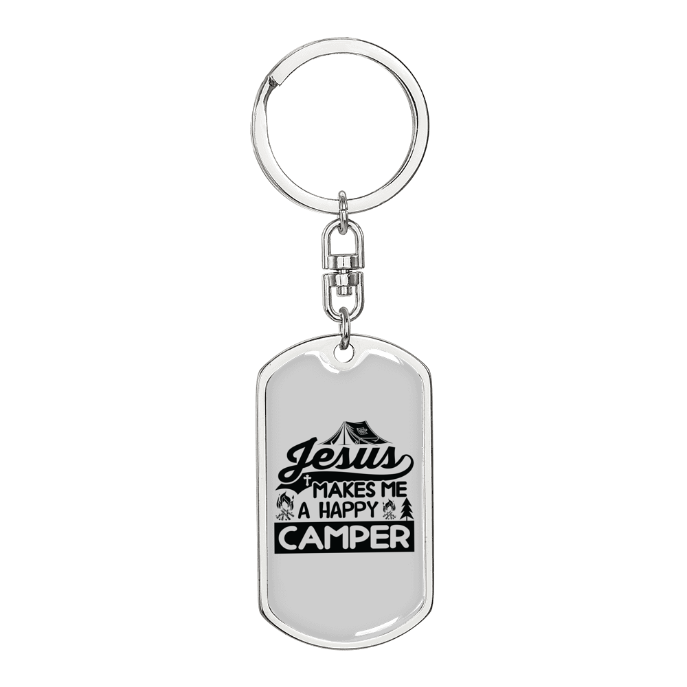 Happy Camper Black Keychain Stainless Steel or 18k Gold Dog Tag Keyring-Express Your Love Gifts