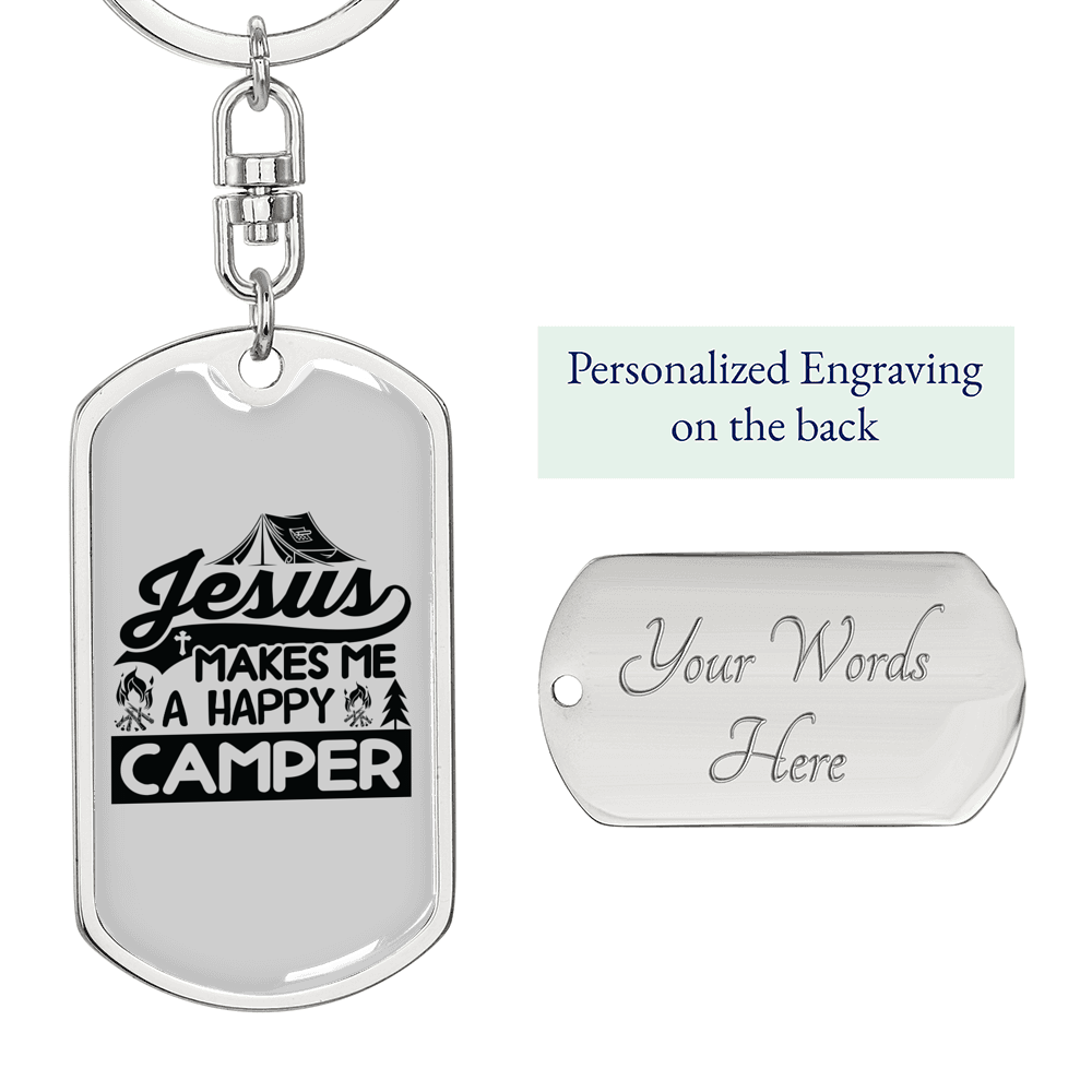 Happy Camper Black Keychain Stainless Steel or 18k Gold Dog Tag Keyring-Express Your Love Gifts
