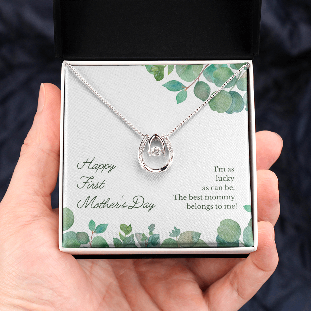 Happy First Mother's Day Lucky Horseshoe Necklace Message Card 14k w CZ Crystals-Express Your Love Gifts
