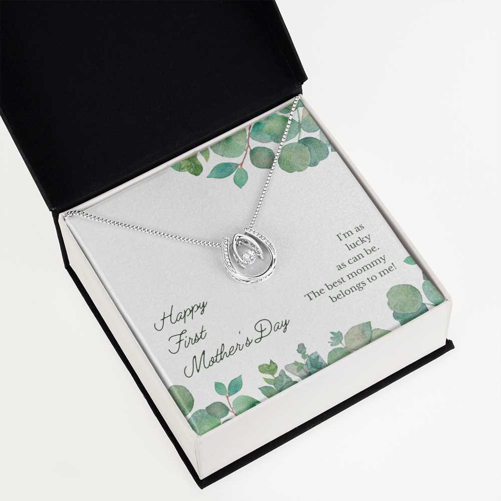 Happy First Mother's Day Lucky Horseshoe Necklace Message Card 14k w CZ Crystals-Express Your Love Gifts