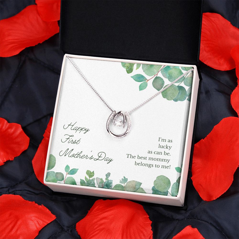 Happy First Mother's Day Lucky Horseshoe Necklace Message Card 14k w CZ Crystals-Express Your Love Gifts