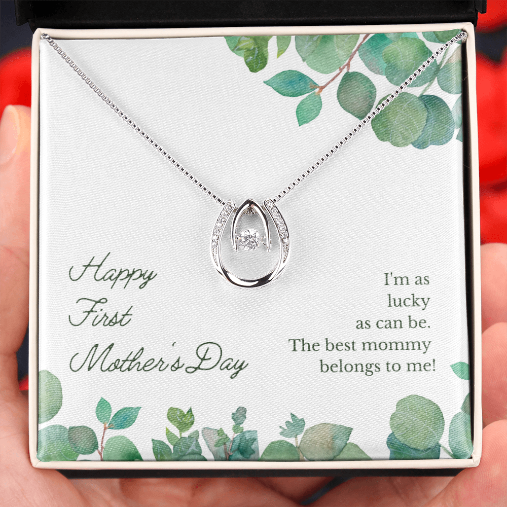 Happy First Mother's Day Lucky Horseshoe Necklace Message Card 14k w CZ Crystals-Express Your Love Gifts