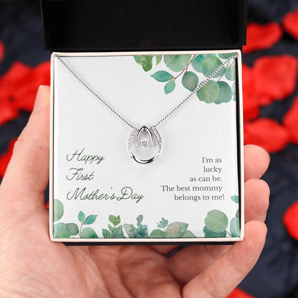 Happy First Mother's Day Lucky Horseshoe Necklace Message Card 14k w CZ Crystals-Express Your Love Gifts