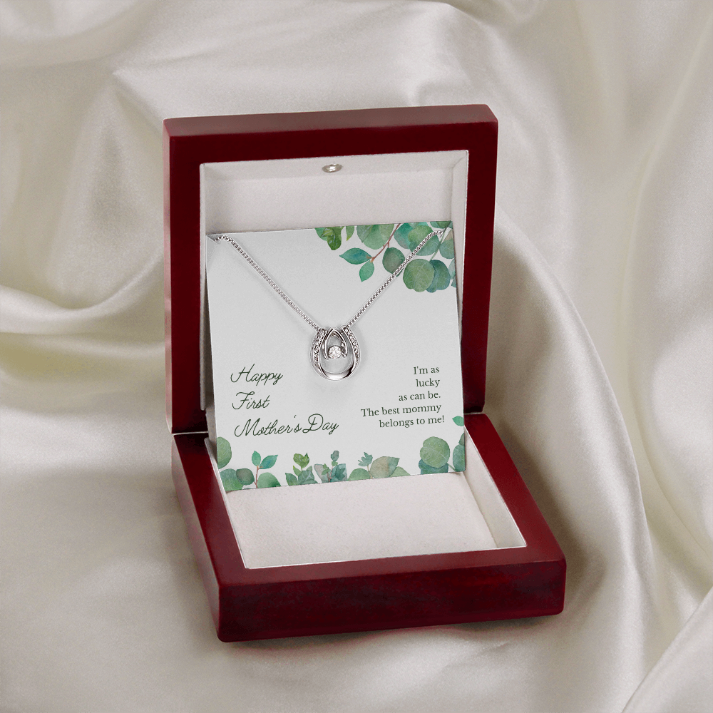 Happy First Mother's Day Lucky Horseshoe Necklace Message Card 14k w CZ Crystals-Express Your Love Gifts
