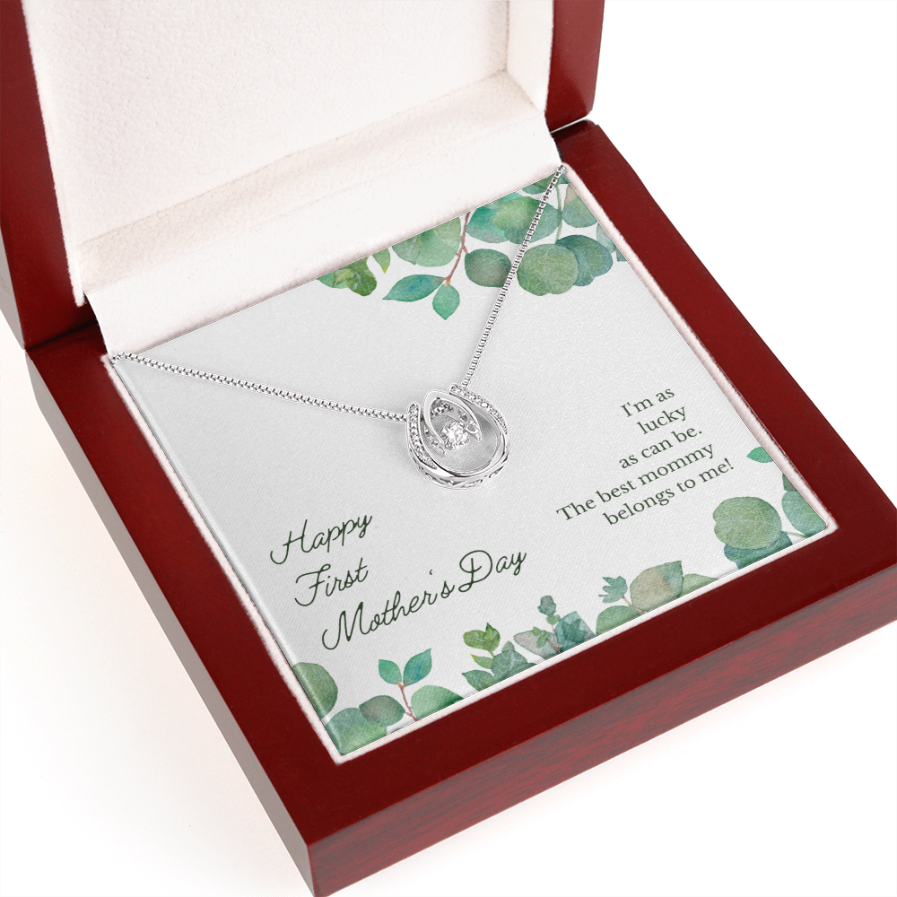 Happy First Mother's Day Lucky Horseshoe Necklace Message Card 14k w CZ Crystals-Express Your Love Gifts