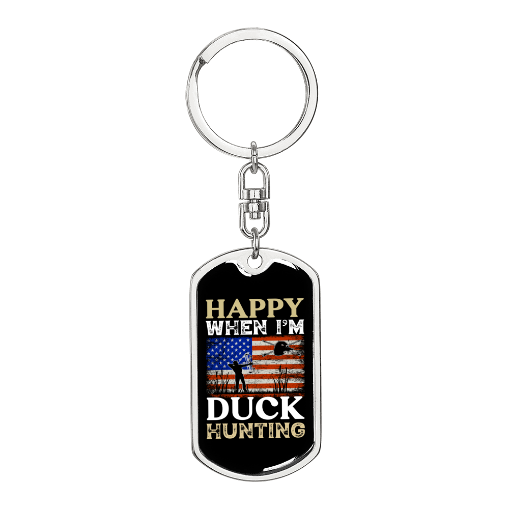 Happy When Hunting Flag Keychain Stainless Steel or 18k Gold Dog Tag Keyring-Express Your Love Gifts