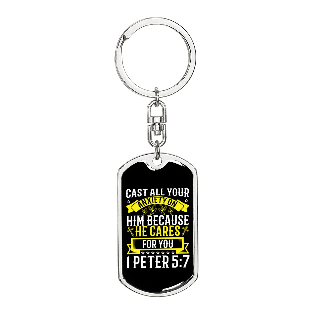 He CAres 1 Peter 5:7 Keychain Stainless Steel or 18k Gold Dog Tag Keyring-Express Your Love Gifts