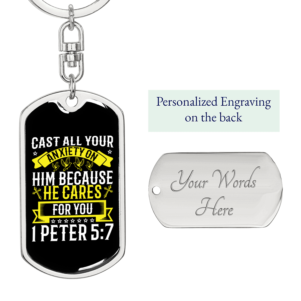 He CAres 1 Peter 5:7 Keychain Stainless Steel or 18k Gold Dog Tag Keyring-Express Your Love Gifts