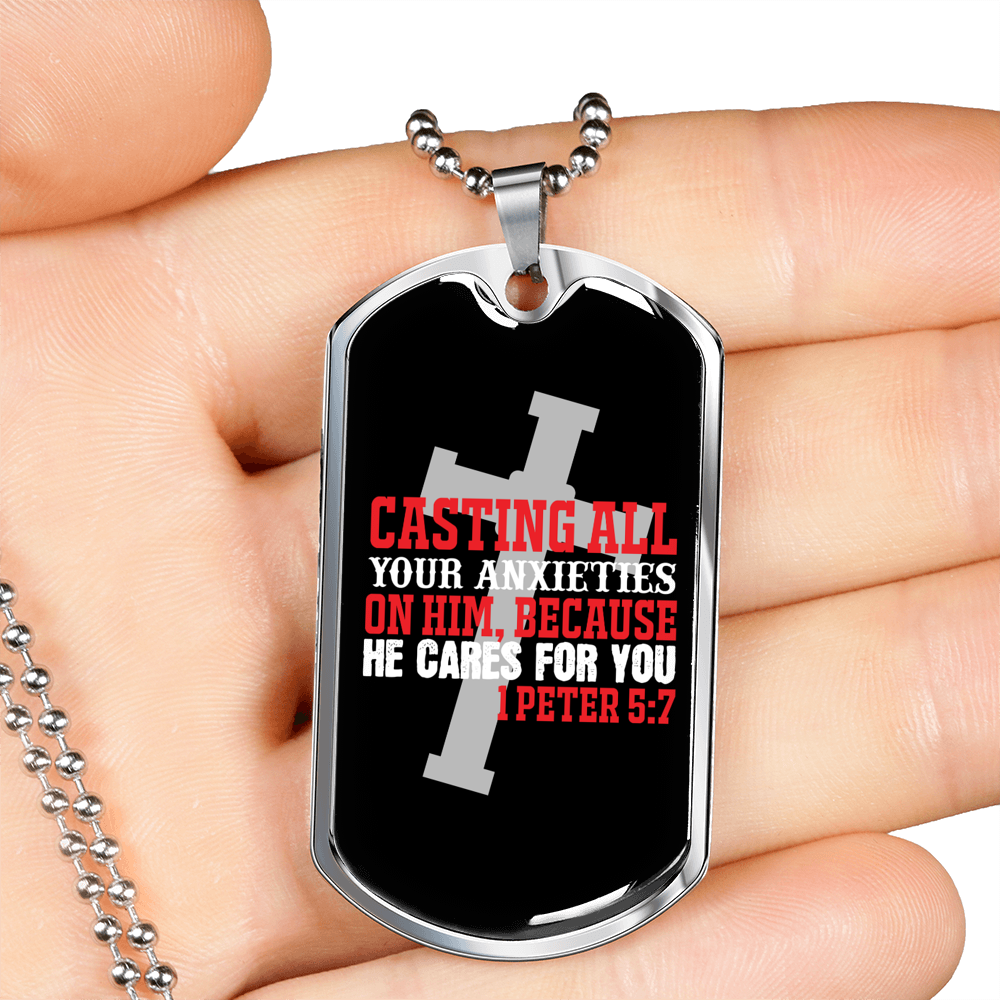 He Cares 1 Peter 5:7 Necklace Stainless Steel or 18k Gold Dog Tag 24" Chain-Express Your Love Gifts