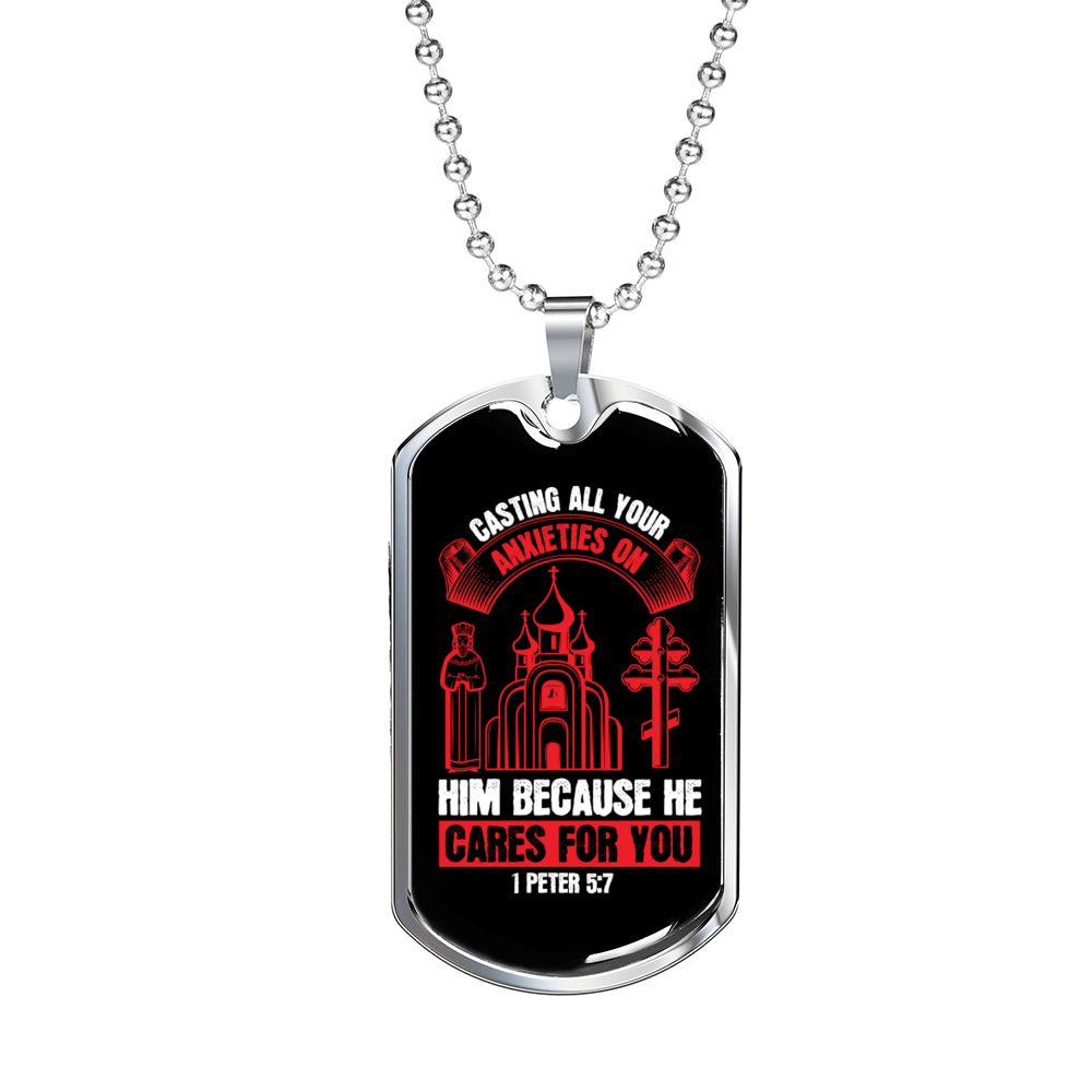 He Cares For You 1 Peter 5:7 Necklace Stainless Steel or 18k Gold Dog Tag 24-Express Your Love Gifts