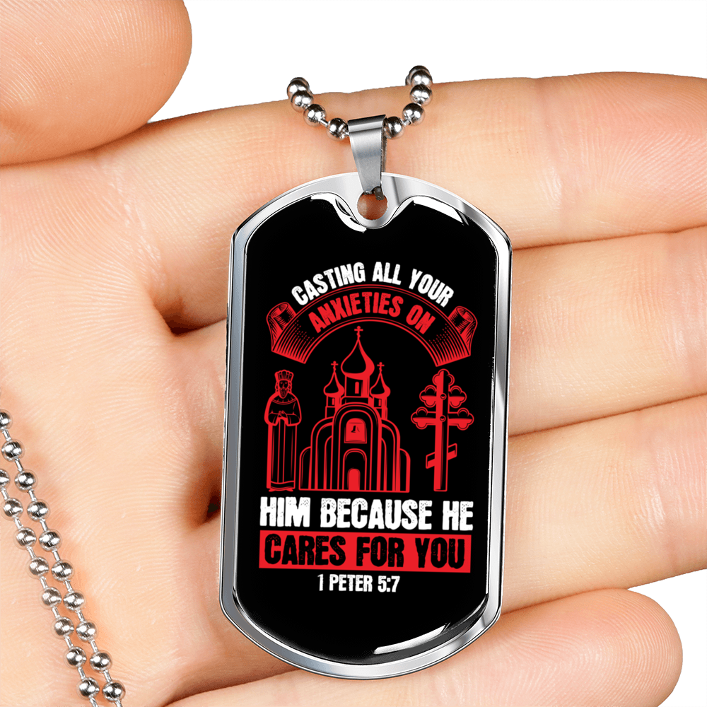 He Cares For You 1 Peter 5:7 Necklace Stainless Steel or 18k Gold Dog Tag 24-Express Your Love Gifts