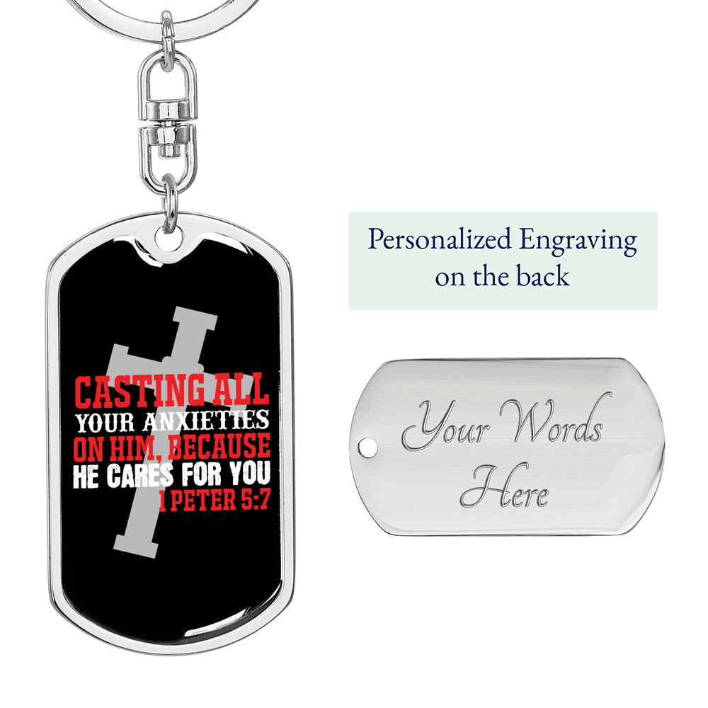 He Cares For You Cross 1 Peter 5:7 Keychain Stainless Steel or 18k Gold Dog Tag Keyring-Express Your Love Gifts