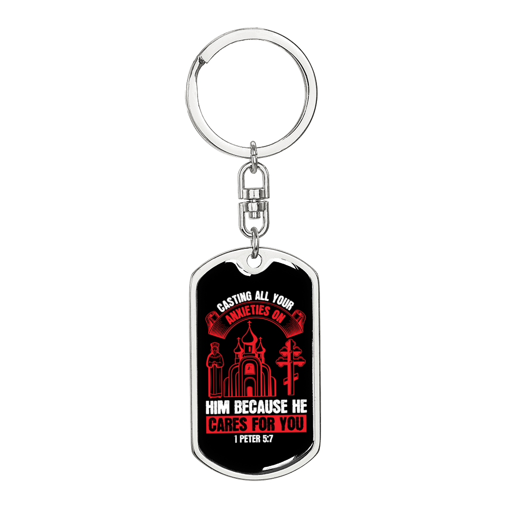 He Cares For You Red 1 Peter 5:7 Keychain Stainless Steel or 18k Gold Dog Tag Keyring-Express Your Love Gifts