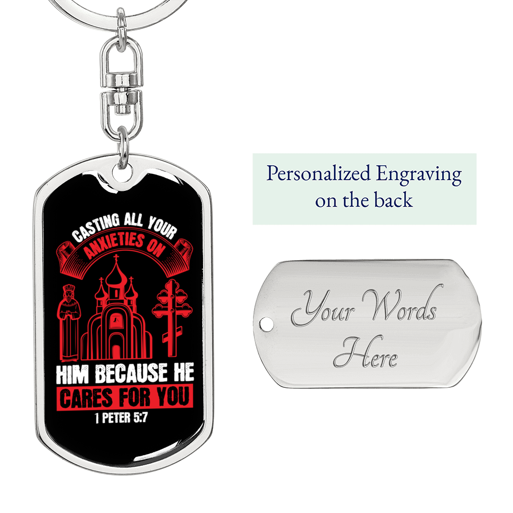 He Cares For You Red 1 Peter 5:7 Keychain Stainless Steel or 18k Gold Dog Tag Keyring-Express Your Love Gifts