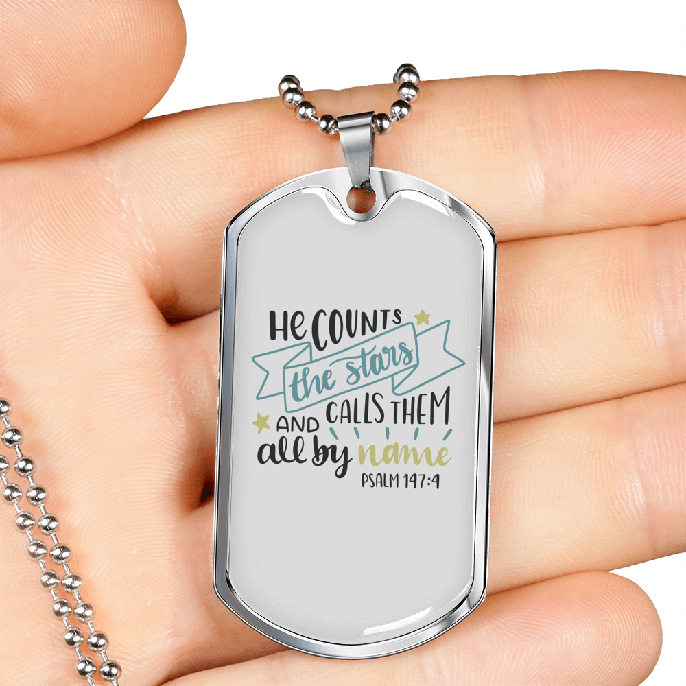 He Count Stars Psalm 147:4 Necklace Stainless Steel or 18k Gold Dog Tag 24" Chain-Express Your Love Gifts